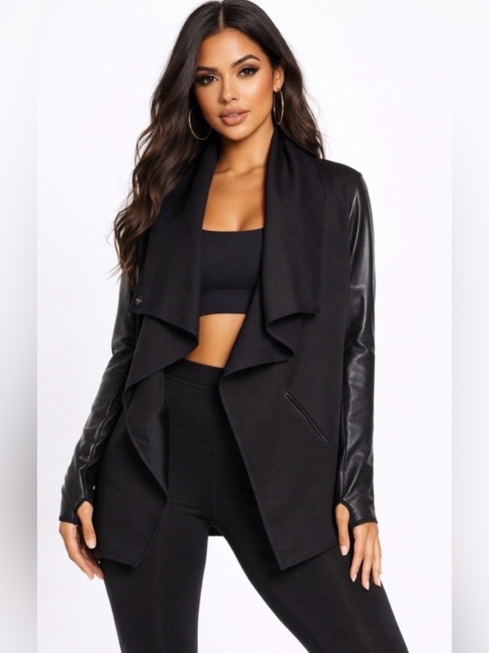 Spanx Drape Front Jacket Black Faux Leather Open Front Snap Women's Size XS